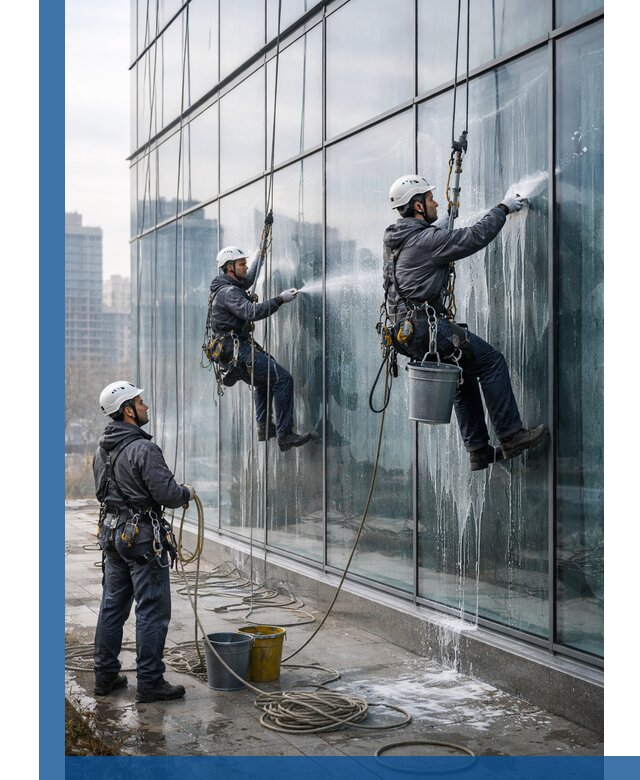 Промышленная мойка панорамных окон на высоте в Назрани