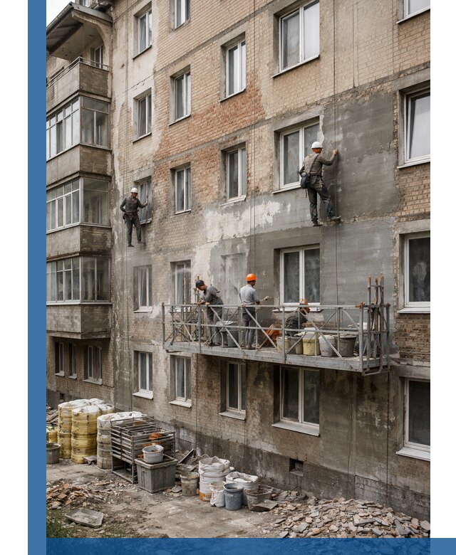 Капитальный ремонт фасада в Назрани с восстановлением и гидроизоляцией