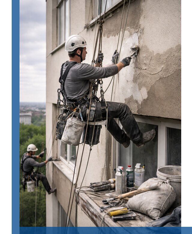 Косметический ремонт фасада зданий в Назрани промышленными альпинистами