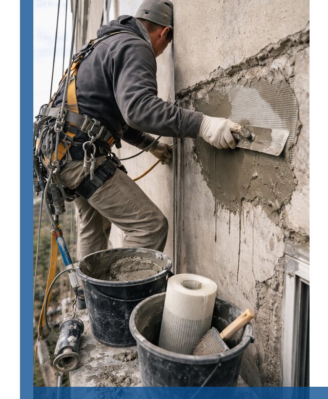 Ремонт бетонных элементов фасада промышленными альпинистами в Назрани