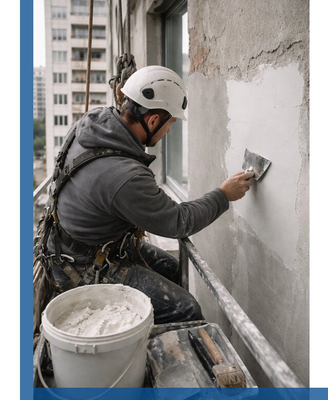 Шпаклевка фасадов на высоте с промальпинистами в Назрани