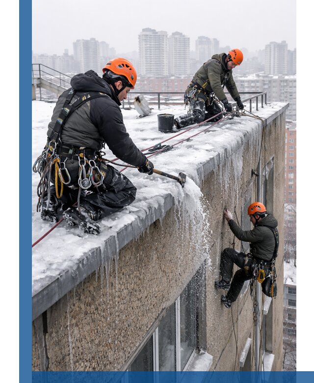 Удаление наледи с кровли в Назрани промышленными альпинистами