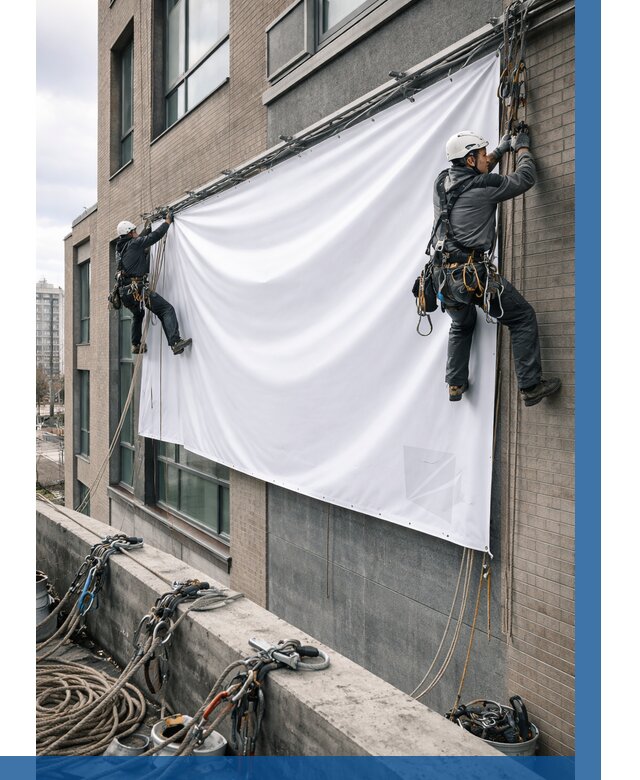 Монтаж баннеров на фасаде в Назрани от 668 р. заказать ВЫСОТНИК-Нзр