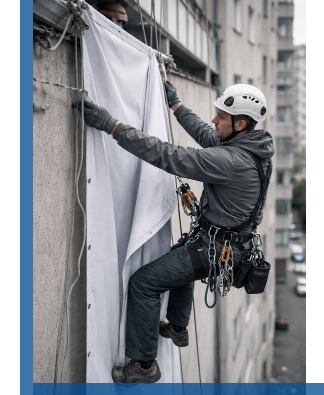 Замена баннерного полотна промышленными альпинистами в Назрани