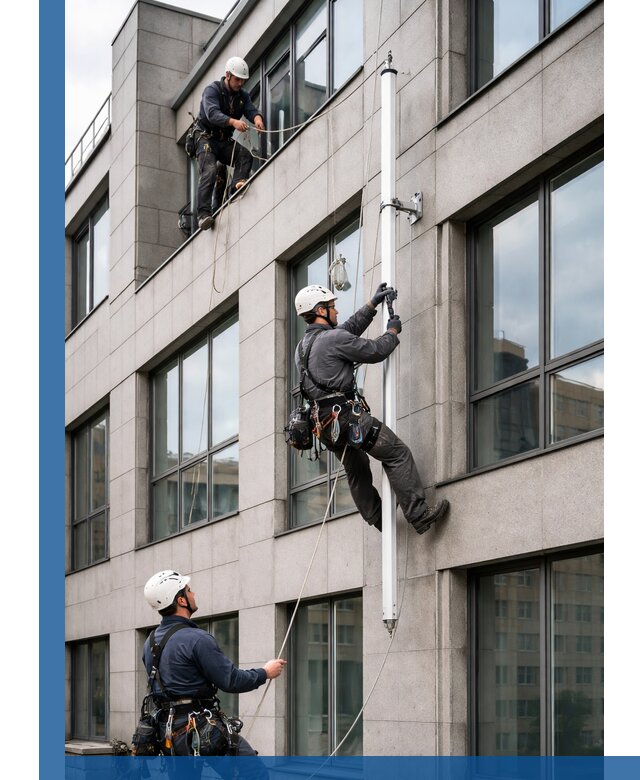Монтаж флагштока на фасаде здания с креплением и герметикой в Назрани