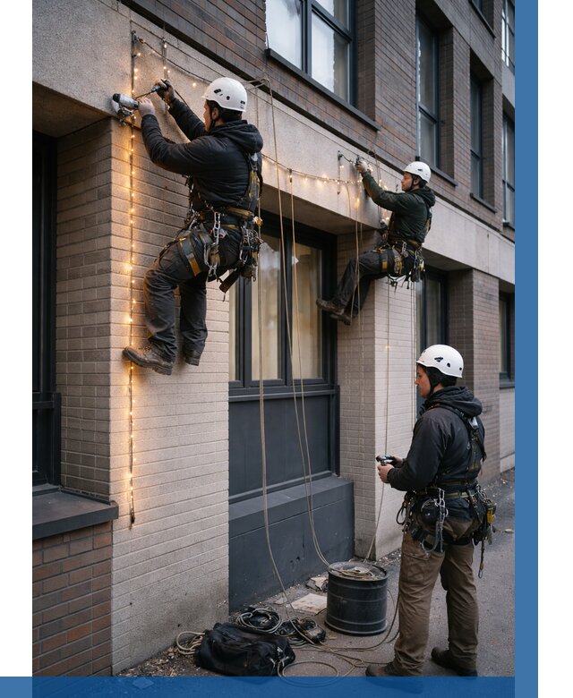 Монтаж гирлянд на фасаде в Назрани от 3595 р. | ВЫСОТНИК-Нзр