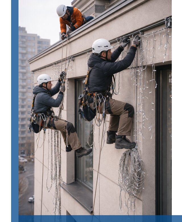 Монтаж праздничных гирлянд на фасаде в Назрани для зданий