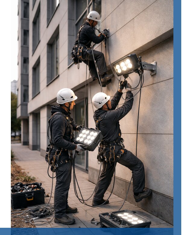 Монтаж прожекторов на фасаде в Назрани от 7704 р. | ВЫСОТНИК-Нзр