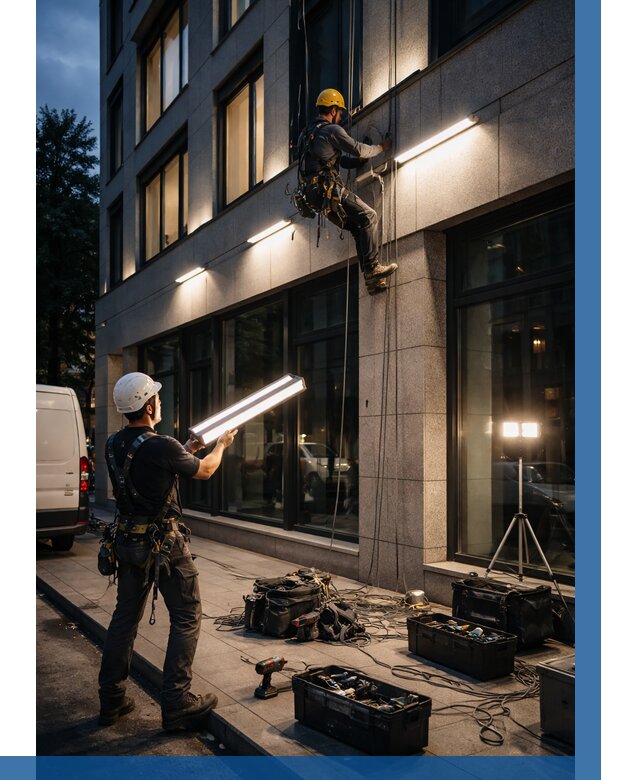 Монтаж архитектурной подсветки здания в Назрани от 2568 р.|ВЫСОТНИК-Нзр