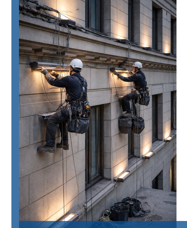 Монтаж архитектурной подсветки фасадов зданий в Назрани