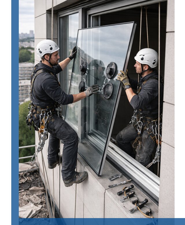 Замена стеклопакетов на высоте с промышленными альпинистами в Назрани