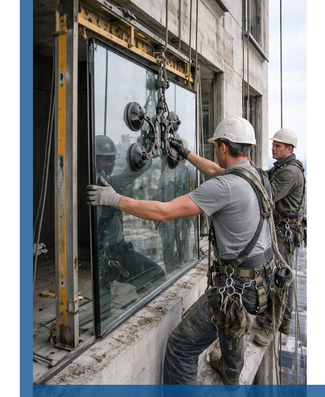 Монтаж стеклопакетов на высоте в Назрани с промышленным альпинизмом