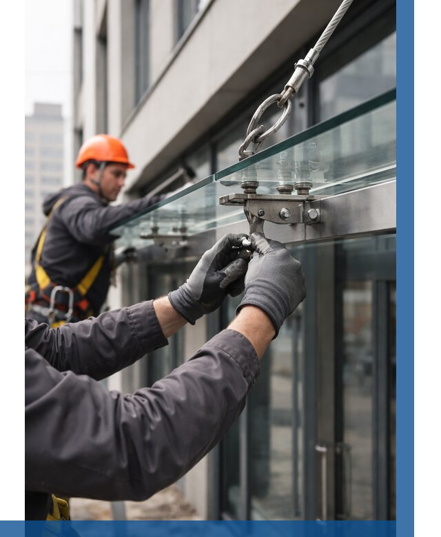 Монтаж стеклянных козырьков в Назрани от 8731 р. | ВЫСОТНИК-Нзр