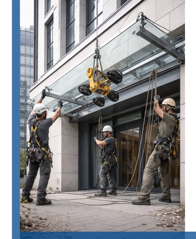 Монтаж стеклянных козырьков под ключ в Назрани для зданий