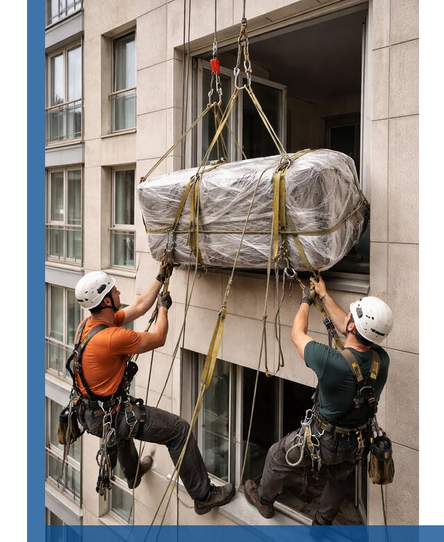 Подъем грузов через окно в Назрани промышленными альпинистами